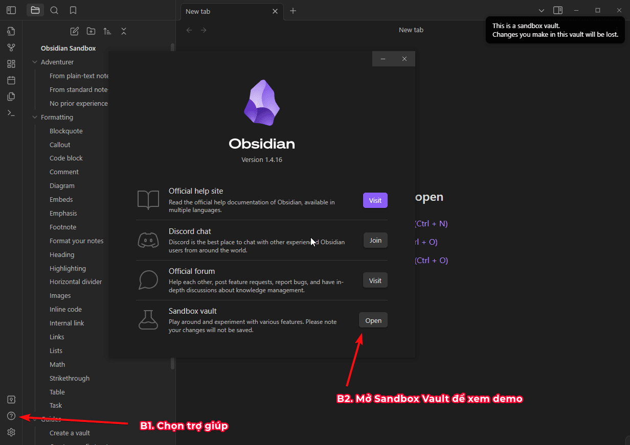 Demo cú pháp markdown Obsidian trong Sandbox Vault