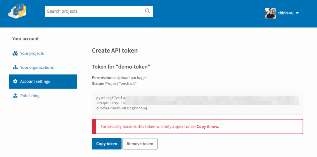 Tạo API token từ Pypi.org để upload thư viện - B2