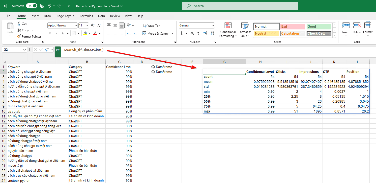 Tạo thống kê mô tả dữ liệu với Python trong Excel